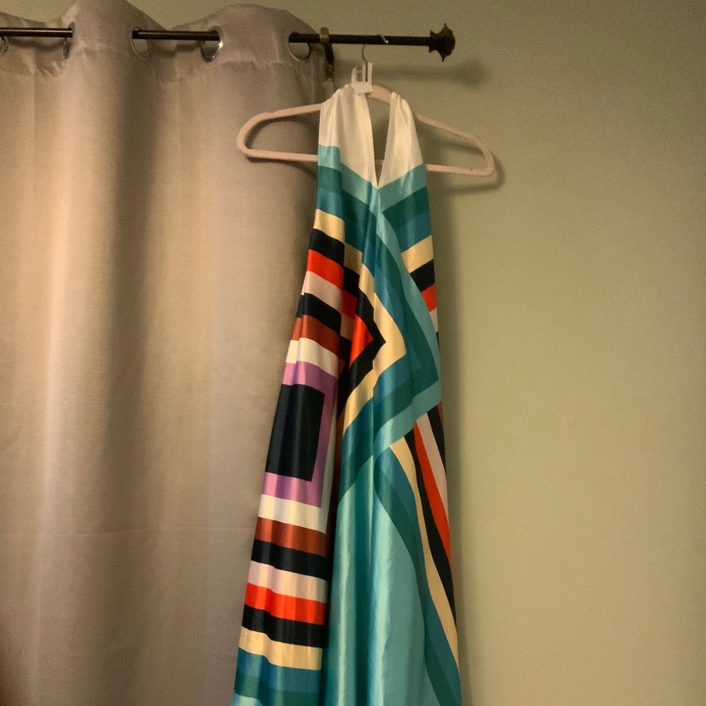 Fab’ rik Asymmetrical Multi-Color Dress with a Gold Circular Neck